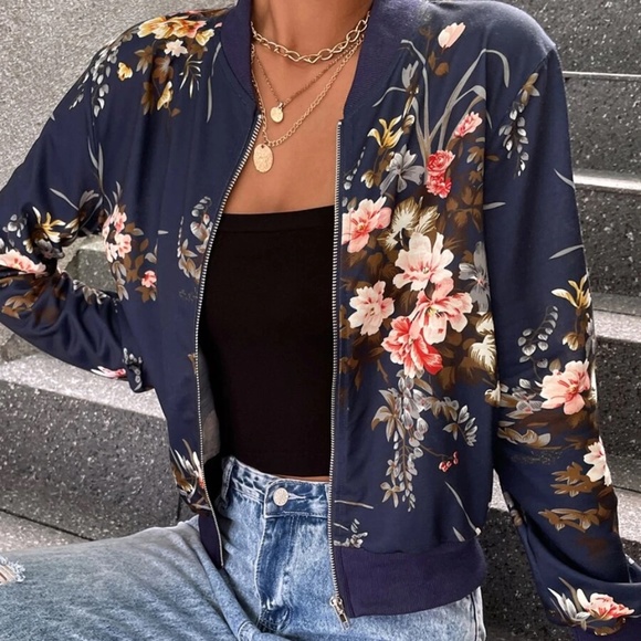 Boho Floral Print Zipper Light Bomber jacket - Picture 4 of 5